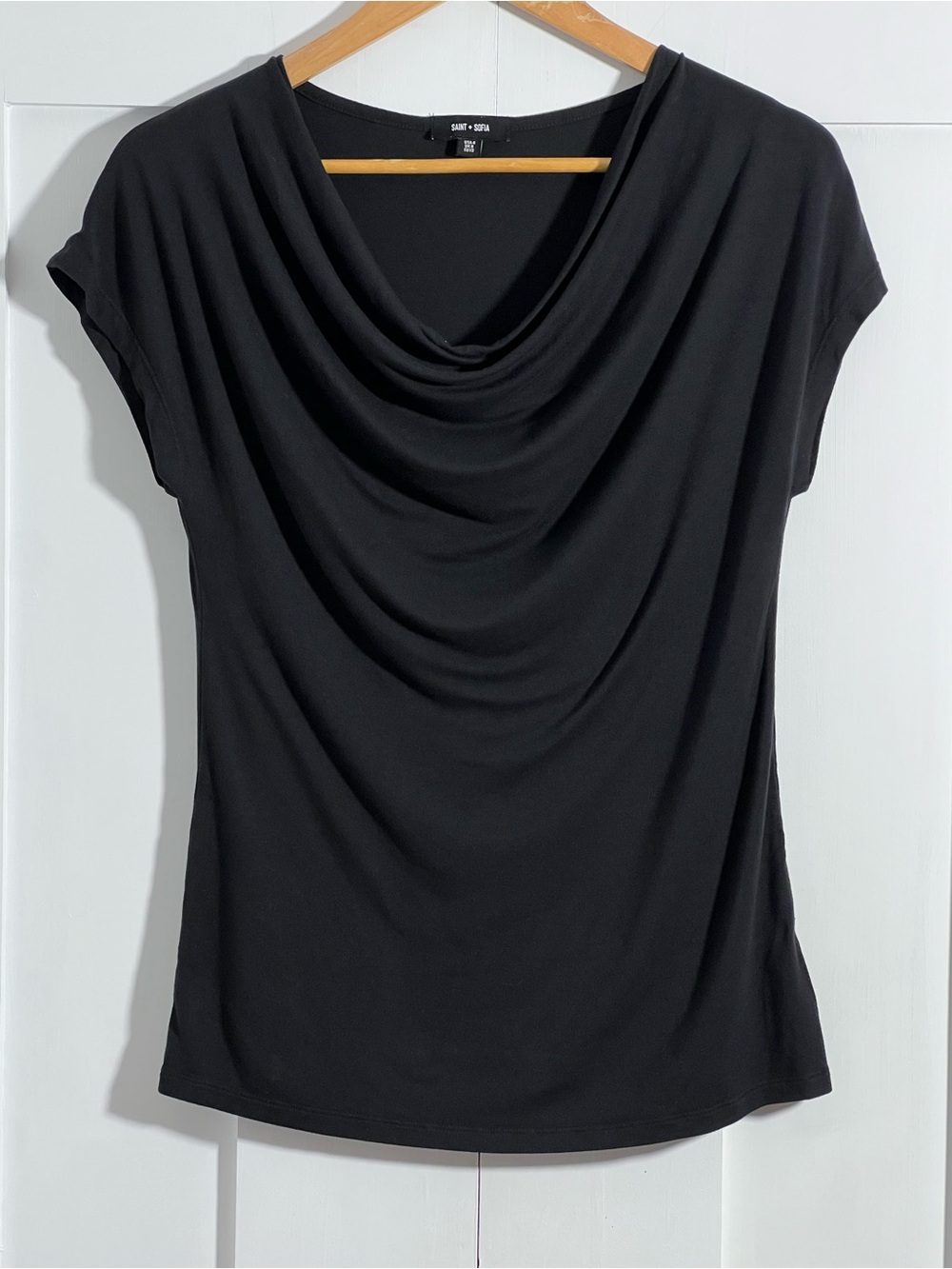 Saint + Sofia Black Draped Cowl Neck Tee Top USA 4